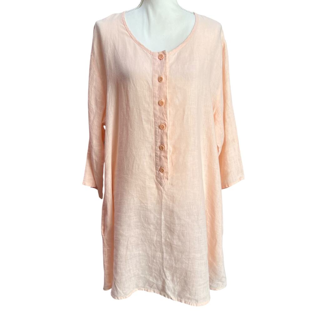 FLAX Pink 100% Linen Tunic Dress M Blush 3/4 Sleeve Button Front EUC
